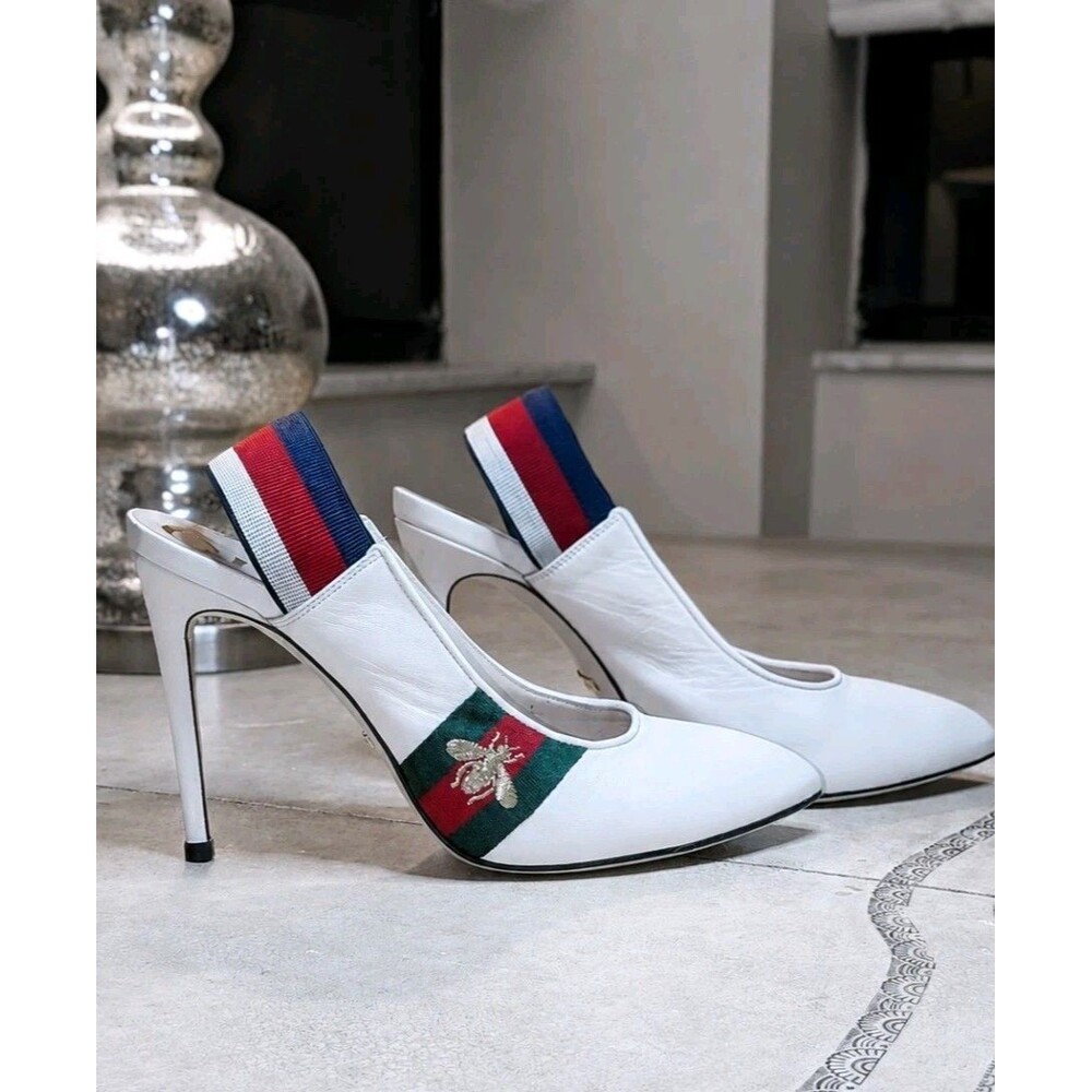 Gucci White Leather Pointed Toe Slingback Stiletto Heels Bee Accent 39.5 like